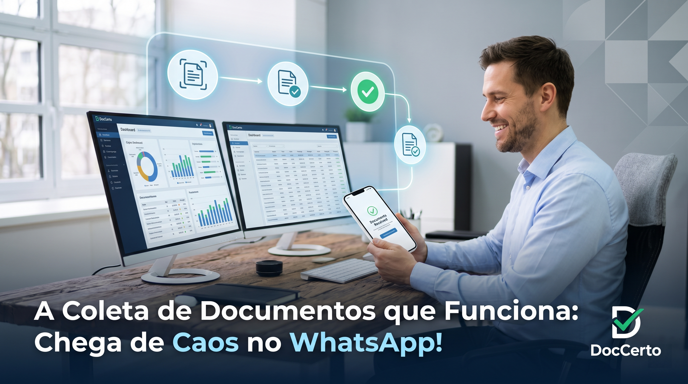 Profissional de contabilidade sorrindo ao utilizar um painel digital organizado no computador para conferência de arquivos