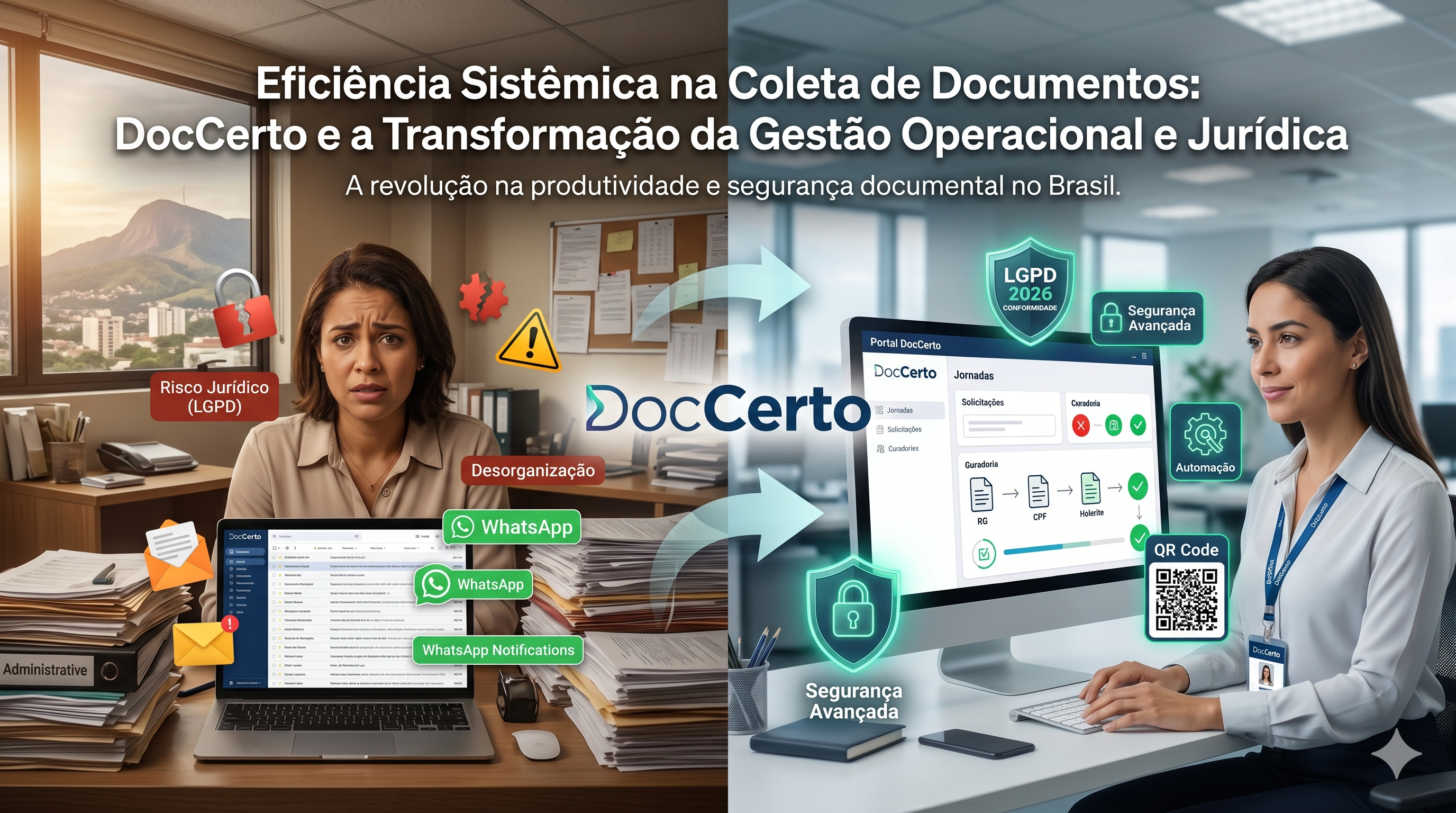 Infográfico comparativo de gestão documental: à esquerda, o caos operacional com pilhas de papéis, estresse e riscos da LGPD no WhatsApp; ao centro, a transição para a DocCerto; à direita, uma profiss