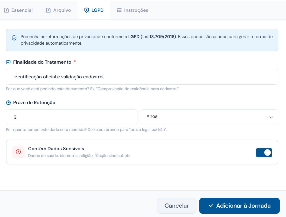 Exemplo de configuração de termo LGPD por documento na DocCerto